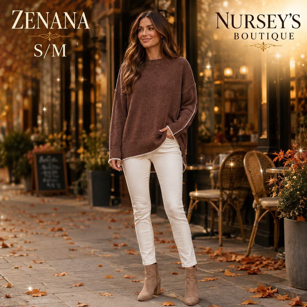Zenana S/M Mocha Brown Mock Neck Exposed Seam Oversized Sweater NWOT
